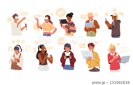 Diverse teenagers cartoon characters using gadget for studying, chatting in social network, gaming Diverse teenagers cartoon characters using gadget for studying, chatting in social network, gaming 131082638