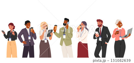 Businesspeople of different age enjoying professional occupation on foreground of white background 131082639
