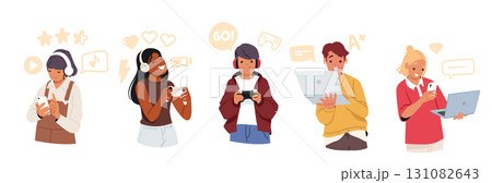 Children cute teenagers cartoon characters using gadgets for games, studying and listening to music 131082643