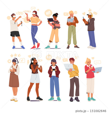 Full-length portrait of happy teenagers using modern digital gadgets for fun leisure activity online 131082646