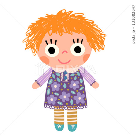 Cute vector doll illustration with floral pattern dress for baby and kids designs, hand painted kawaii children toy Cute vector doll illustration with floral pattern dress for baby and kids designs, hand painted kawaii children toy 131082647