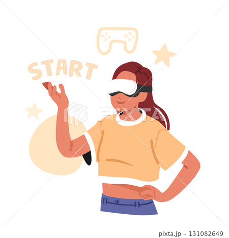 Teenager girl in VR headset enjoying smart leisure activity combining entertainment and education Teenager girl in VR headset enjoying smart leisure activity combining entertainment and education 131082649