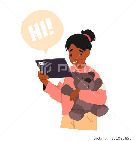 Cartoon portrait of preteen girl child using digital gadget for communication online via video chat Cartoon portrait of preteen girl child using digital gadget for communication online via video chat 131082650