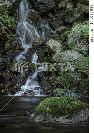 苔むした岩に流れ落ちる小さな滝 131082938