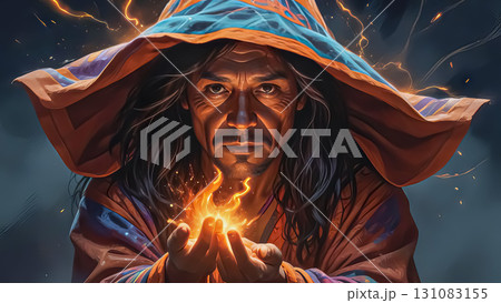 Mysterious sorcerer with piercing eyes predicts fortune and casts spells Mysterious sorcerer with piercing eyes predicts fortune and casts spells 131083155