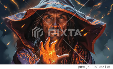 Mysterious sorcerer with piercing eyes predicts fortune and casts spells Mysterious sorcerer with piercing eyes predicts fortune and casts spells 131083156