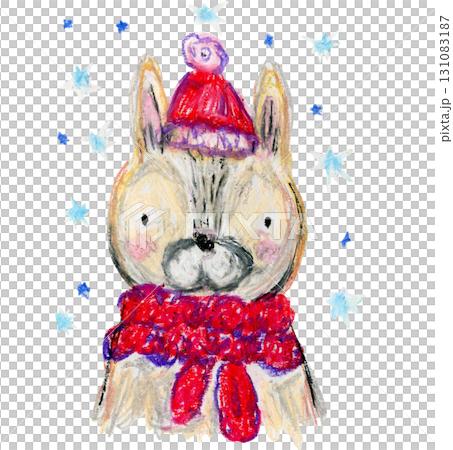 Cute oil pastel painting brown rabbit with red Christmas hat and scarf illustration. Childish New Year holiday crayons drawing little hare with snowflakes for winter greeting cards, nursery sticker Cute oil pastel painting brown rabbit with red Christmas hat and scarf illustration. Childish New Year holiday crayons drawing little hare with snowflakes for winter greeting cards, nursery sticker 131083187