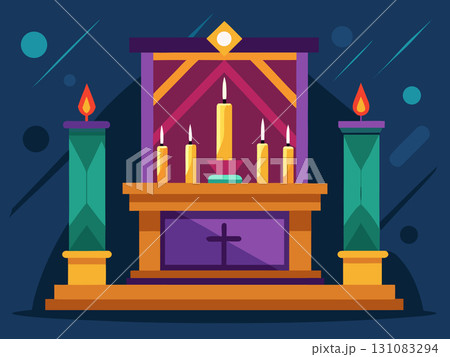 Ceremony altar with glowing candles. Cartoon vector illustration 131083294