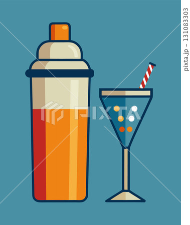 Bar shaker tin and glass with straw. Flat vector illustration Bar shaker tin and glass with straw. Flat vector illustration 131083303
