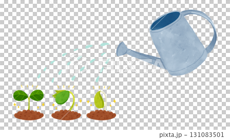 Tin watering can and sprouted buds - watercolor-style hand-drawn illustration 131083501