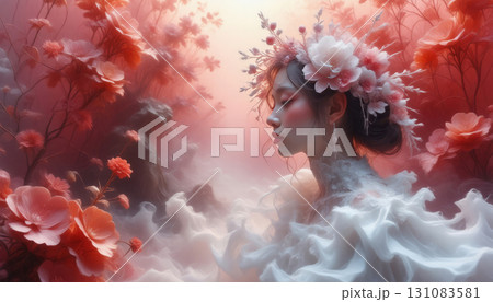 Beautiful and innocent girl in a white dress, beautiful bride or fairy, dreams and romance 131083581