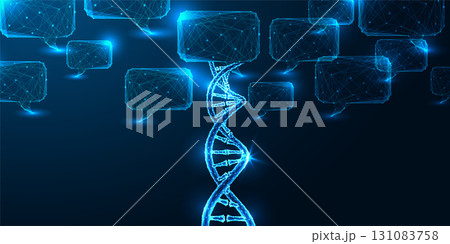 Genetic communication concept with digital DNA helix and polygonal speech bubbles in biotech data exchange 131083758