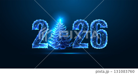 2026 New Year glowing vector numbers with digital low poly Christmas tree in festive holiday style 2026 New Year glowing vector numbers with digital low poly Christmas tree in festive holiday style 131083760