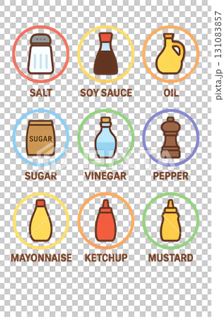 Colorful condiment icon collection (salt, sugar, soy sauce, oil, ketchup, etc.) 131083857