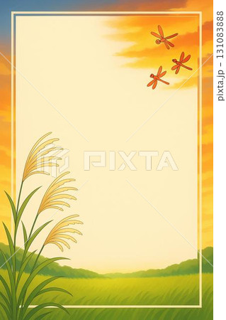 フレーム素材　秋イメージ　夕焼け空　ススキ　赤とんぼ　アニメ調 131083888