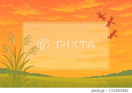 フレーム素材　秋イメージ　夕焼け空　ススキ　赤とんぼ　アニメ調 131083892