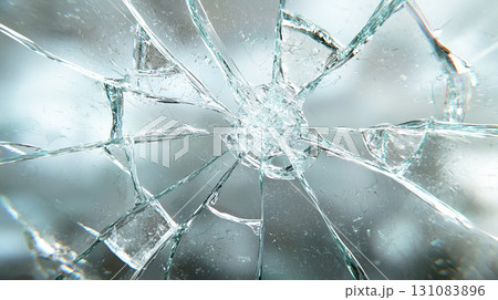 放射状に広がるガラスのひび割れ 131083896