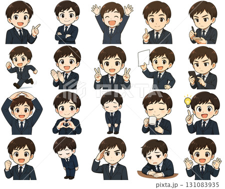 スーツ姿の男性キャラクターイラスト スーツ姿の男性キャラクターセット（アニメ風・ビジネスポーズ・表情