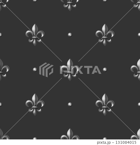 Luxury Silver Fleur-de-Lis Seamless Pattern on Black Background, Vector Illustration. Silver Royal Heraldic Symbol. Fleur-de-Lis Wallpaper, Fabric, Digital Paper. Vintage French Ornament Luxury Silver Fleur-de-Lis Seamless Pattern on Black Background, Vector Illustration. Silver Royal Heraldic Symbol. Fleur-de-Lis Wallpaper, Fabric, Digital Paper. Vintage French Ornament 131084015
