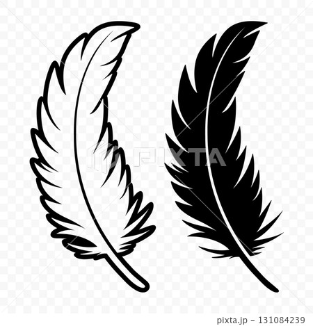 Vector Black and White Fluffy Feather Logo Icons. Silhouette Feather Set Closeup Isolated. Design Template of Flamingo, Angel, Bird Feather. Lightness and Freedom Concept 131084239