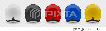 Vector 3d Motorcycle Helmet Set - White, Black, Red, Blue, Yellow Colors. Open Face Helmet. Protective Gear for Bikers, Motorcyclists. Safety Helmet Design, Motorcycle Helmet Icon, Rear View Vector 3d Motorcycle Helmet Set - White, Black, Red, Blue, Yellow Colors. Open Face Helmet. Protective Gear for Bikers, Motorcyclists. Safety Helmet Design, Motorcycle Helmet Icon, Rear View 131084332