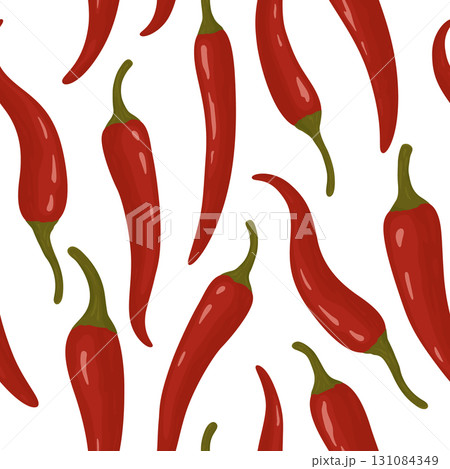 Vector Seamless Pattern with Red Chili Peppers, Vector Illustration. Hot Spicy Chili Pepper Background for Mexican Food, Cooking Design. Heat Ingredient, Fresh Organic Pepper Print 131084349
