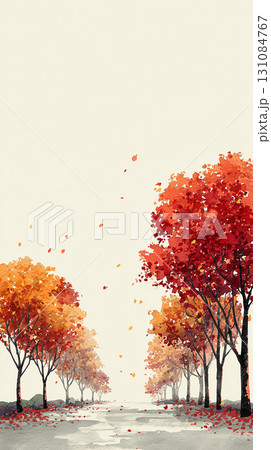 秋の紅葉並木道の風景イラスト背景素材 131084767