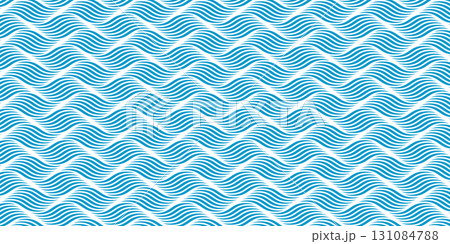 Blue waves with white sea foam background. Repeated curvy lines. Water print. Ocean, lake or river pattern. Aqua texture. Maritime ornament. Swimming pool or aquarium liquid. Vector flat illustration Blue waves with white sea foam background. Repeated curvy lines. Water print. Ocean, lake or river pattern. Aqua texture. Maritime ornament. Swimming pool or aquarium liquid. Vector flat illustration 131084788