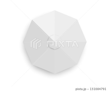 Awning top view. Gazebo umbrella in octagon shape. Beach parasol. Exhibition or sales event sunshade. Market or cafe canopy mockup isolated on white background. Vector realistic illustration 131084791