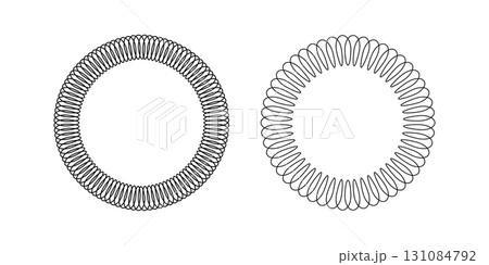 Coil springs in circle shapes isolated on white background. Round frames with metal wire spiral borders. Slinky toys in circular forms. Vector graphic illustration 131084792