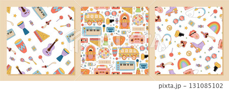 Groovy retro music seamless pattern set in colorful y2k style. Disco, boombox, guitar and cassette form fun background with seamless pattern. Vibrant pop mood, playful concept for creative set. 131085102