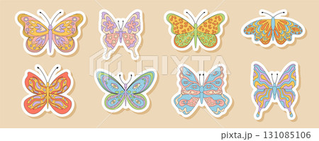 Groovy retro butterfly sticker set in colorful funky style. Cute doodle motifs with y2k floral and groovy element shapes. Fun for vintage decor, playful accents or creative collection. Groovy retro butterfly sticker set in colorful funky style. Cute doodle motifs with y2k floral and groovy element shapes. Fun for vintage decor, playful accents or creative collection. 131085106