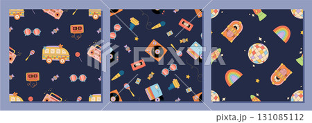Groovy retro seamless music pattern in cartoon graphic style set. Colorful set with cassette, record, party disco, and rainbow shapes on a dark background. Trendy y2k graphic for playful modern Groovy retro seamless music pattern in cartoon graphic style set. Colorful set with cassette, record, party disco, and rainbow shapes on a dark background. Trendy y2k graphic for playful modern 131085112
