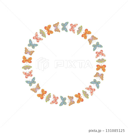 Groovy y2k butterfly border in colorful circle pattern. Funky retro frame with abstract, vintage style. Bold motif offers cool and playful format, ideal for trendy, artistic backgrounds. Groovy y2k butterfly border in colorful circle pattern. Funky retro frame with abstract, vintage style. Bold motif offers cool and playful format, ideal for trendy, artistic backgrounds. 131085125