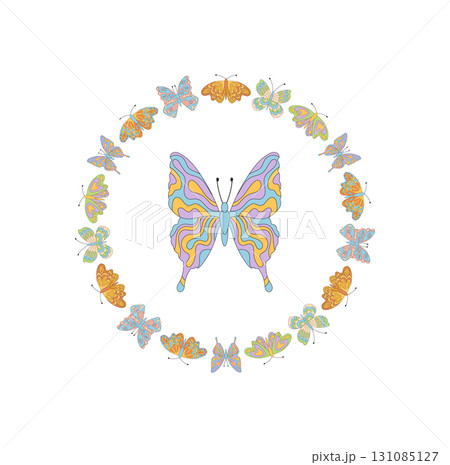 Groovy psychedelic butterfly pattern in a circle border. Retro frame with colorful y2k style and abstract graphic look, ideal for trendy artistic or vintage themes. Groovy psychedelic butterfly pattern in a circle border. Retro frame with colorful y2k style and abstract graphic look, ideal for trendy artistic or vintage themes. 131085127