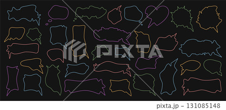 Colorful squiggle outline chat bubble set in hand drawn doodle style. Each round bubble and speech box shows outlined talk for creative chat and conversation needs. Fun set for message, talk, cartoon 131085148