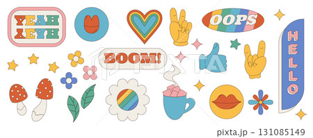 Groovy retro sticker set with colorful cartoon graphic style. Fun pack with heart, flower, hand and y2k groovy element. Energetic sticker design for playful and modern use. 131085149