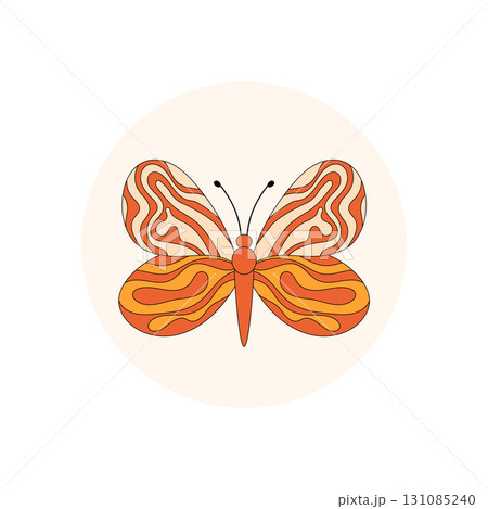 Groovy retro butterfly in flat style, orange and abstract circle sticker label for y2k package lid. Graphic shape and modern retro format, perfect for product seal use. Groovy retro butterfly in flat style, orange and abstract circle sticker label for y2k package lid. Graphic shape and modern retro format, perfect for product seal use. 131085240