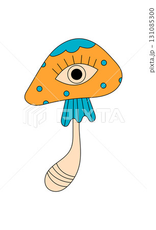 Groovy psychedelic mushroom with cartoon eye forms magic sticker style in retro colorful y2k palette. Trippy shroom and groovy element blend as pop, fun icon, ideal for playful decorative use. Groovy psychedelic mushroom with cartoon eye forms magic sticker style in retro colorful y2k palette. Trippy shroom and groovy element blend as pop, fun icon, ideal for playful decorative use. 131085300
