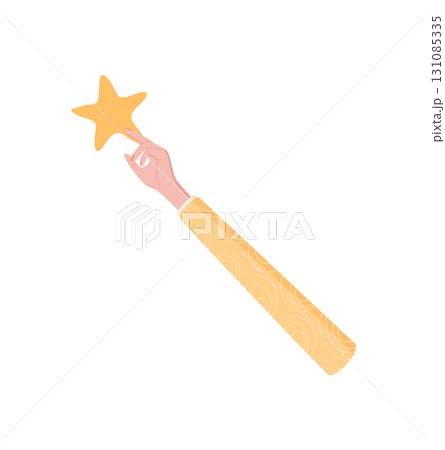 Hand holding a star symbol in cartoon graphic style. Arm with star for satisfaction and quality representation. Feedback and review concept for service rate customer opinion. 131085335