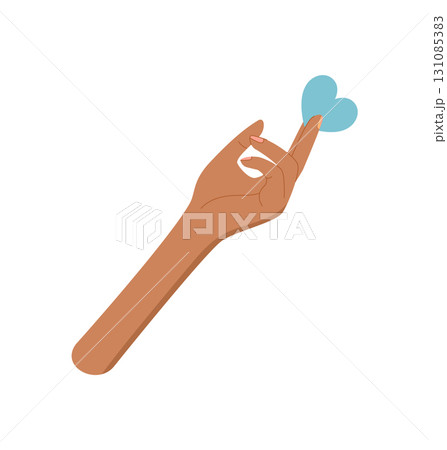 Flat colorful hand with raised finger holding a heart symbol. A gesture of love, joy, and happiness. Creative and abstract concept with vibrant style, perfect for cards, banners, or modern poster 131085383