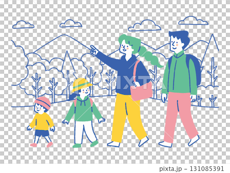 山道を歩く4人家族_色 131085391