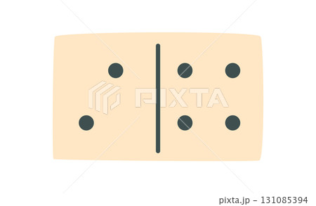 Flat domino tile with black dots. Game piece for childhood boardgame fun on a table. Classic graphic template design, play and leisure concept for family and recreation activities. Flat domino tile with black dots. Game piece for childhood boardgame fun on a table. Classic graphic template design, play and leisure concept for family and recreation activities. 131085394