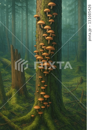 木に群生するナラタケ / Naratake Mushrooms Growing on Tree 木に群生するナラタケ / Naratake Mushrooms Growing on Tree 131085426