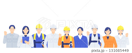 明るいキャリアを描けるポジティブイメージ 建設業で働く男女の作業員と現場監督  求人向けイラスト 131085449