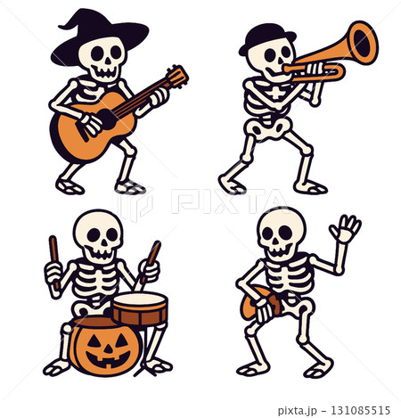 Skeleton guitar, trumpet, drum, and ukulele players in festive costumes, joyful Halloween band Skeleton guitar, trumpet, drum, and ukulele players in festive costumes, joyful Halloween band 131085515