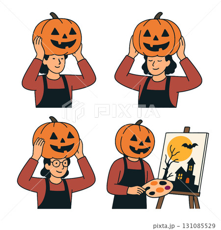 Person pumpkin costume painting canvas Halloween autumn creative happy art illustration cartoon 131085529