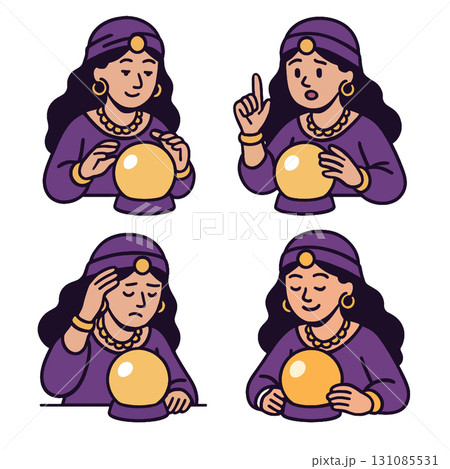 Fortune teller woman, crystal ball, purple dress, gold jewelry, four emotional expressions 131085531