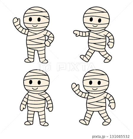 Cartoon mummy character, cute, happy, waving, walking, simple line art, white background 131085532