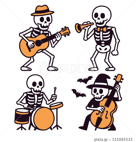 Skeleton guitar hat, skeleton trumpet, skeleton drum, skeleton double bass witch hat bats 131085533